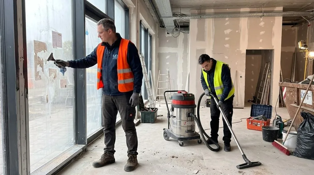 Zwei Mitarbeiter der VB Reinigungskonzepte bei der Baureinigung: Fensterflächen entkleben und Staub absaugen