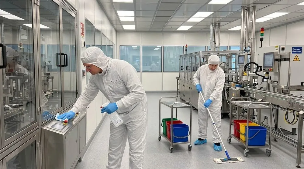 Zwei Mitarbeiter der VB Reinigungskonzepte in Reinraumkleidung bei der Reinigung einer Produktionsanlage
