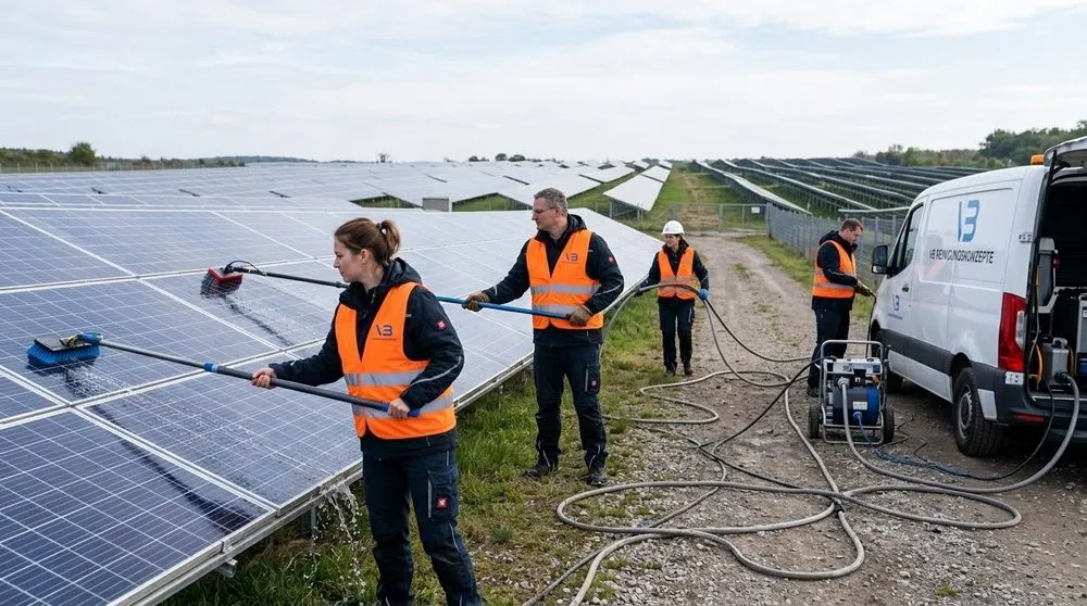 Team der VB Reinigungskonzepte reinigt Solarmodule mit Teleskopbürsten, daneben VB-Transporter und Reinigungsgerät