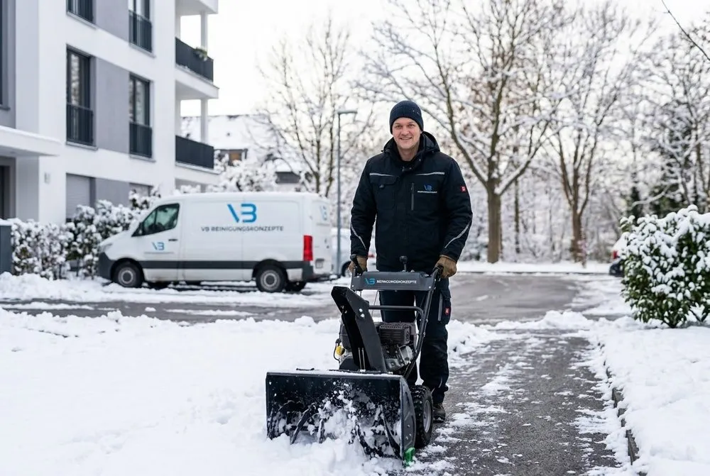 Mitarbeiter der VB Reinigungskonzepte räumt mit einer Schneefräse Schnee, im Hintergrund ein VB-Transporter